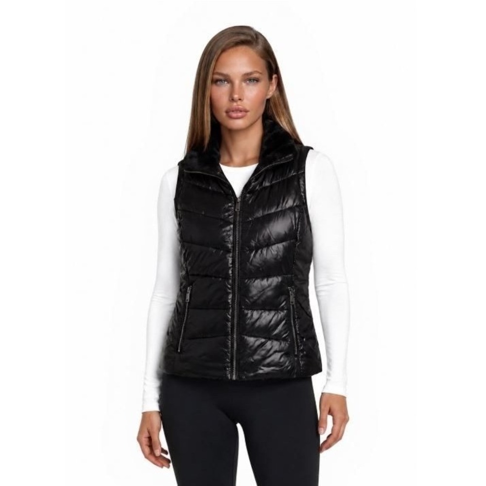 Calvin Klein Down Puffer Vest Women's Size Medium Black Quilted Faux Fur Collar
